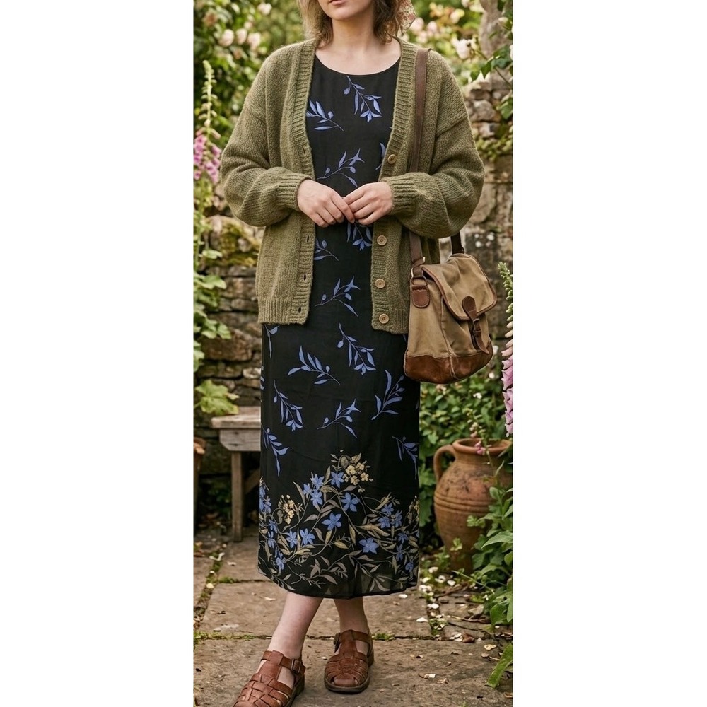Vintage Teddi Maxi Dress 6 Black Blue Floral 90s Cottagecore Tie Back Modest